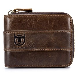 Genuine Leather Men Wallet Zipper RFID Blocking Vintage Bifold Wallets Credit Cards Holder, Brown, 4.52 x 3.74 x 0.98 inches, Vintage