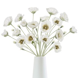 ICBOX 6PCS White Poppy Artificial Flowers 30 Heads Faux Poppy Flowers 26.77in Silk Poppy Flowers with Long Flocking Stems, Large Poppy Flowers for Wedding Party Home Office Decoration(White)