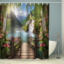 OTRANTO Waterfall Shower Curtain Nature Floral Environment Ecology Adventure Scene Alp Colorful Scenic Lake Theme Plant Bathroom Decor Set Machine Washable Waterproof Fabric 72 x 72 Include Hooks