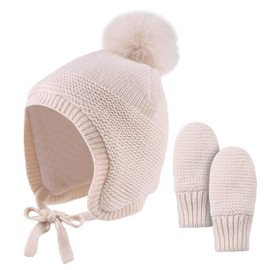 XIAOHAWANG Baby Winter Hat with Ears Warm Baby Hat Baby Girls Boys Winter Baby Hat Gloves Ear Flaps Hat with Fleece, Beige (hat + mitten)