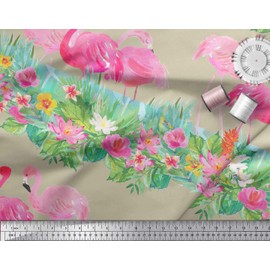 Soimoi Beige Cotton Voile Fabric Lotus & Flamingo Bird Printed Fabric 1 metre 42 Inch Wide