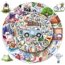 100PCS Watercolor Travel & Camping Stickers – Vinyl Waterproof Decals Featuring Retro Tents, Suitcases, Binoculars, Cameras & Compass – Aesthetic for Journals, Bottles – Ideal for Teens & Adults