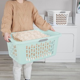 Sterilite Laundry Basket, Plastic Clothes Hamper, Large Rectangle Bin with Comfort Grip Handles and Reinforced Rim, 2 Bushel Capacity, Mint, 18 Pack