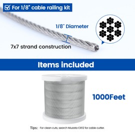 Muzata 1000 ft 1/8" Stainless Steel Cable Railing System Hardware T316 Stainless Steel Wire Rope 7x7 Strands 1800 lb Breaking Strength Deck Cable Railing Kit for Indoor Outdoor Coastal WR02
