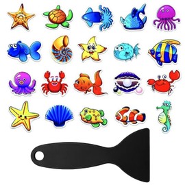 QFEHTHSK Pack of 20 Cartoon Bathtub Non-Slip Stickers for Children and 1 Piece Black Scraper, Non-Slip Floor Stickers, Non-Slip Stickers for Marine Life, Cartoon Animal Stickers