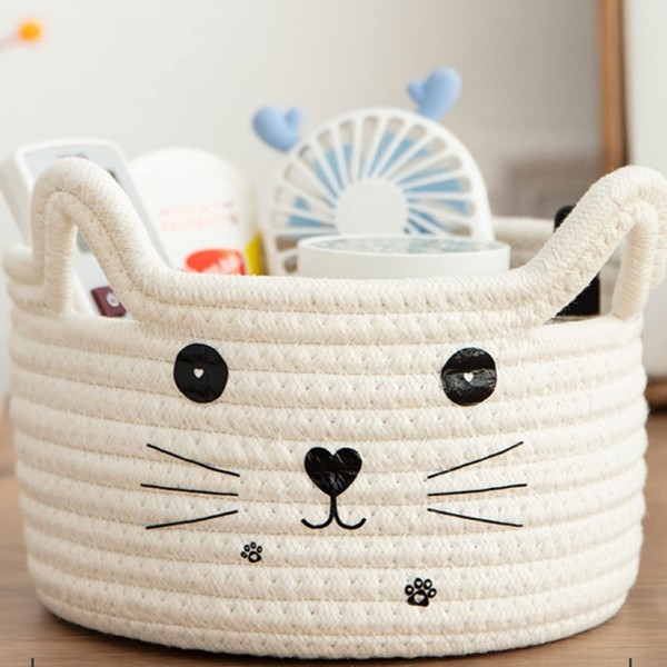 Cat Basket Storage Woven Basket Organizer with Ears Decorative Pet Toy Cute Basket Cotton Rope Basket for Gifts Cat Dog Toy Bin Nursery Room Kids Toy (White, 8.3 x 4.7 Inch)
