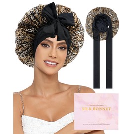 Ufgin 100% Mulberry Silk Bonnet for Sleeping Women Double Layer Silk Hair Bonnet Natural Sleep Cap with Elastic（Black + Leopard）
