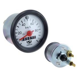 Tachometer – Ø60 mm – 100 km/h – Red Hands White Dial with SIMSON logo, black ring, green Blinkko Ntrolle