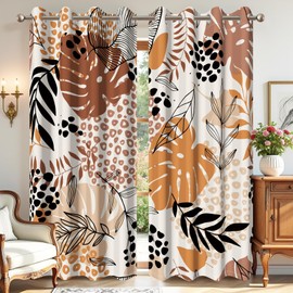 AWERT Boho Leaves Printed Blackout Window Curtains for Living Room Brown Eucalyptus Black Leaves Bohemia Natural Drapes Decor for Bedroom Darkening Curtains Set of 2 Panels, Each Size 53x84 Inches
