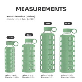 purifyou 40/32/22/12 oz Borosilicate Glass Water Bottles with Volume Markers, Silicone Sleeve, Stainless Steel Lid, Reusable Bottle for Water, Juice, Gym, and Fridge Storage (12oz Shale Green)