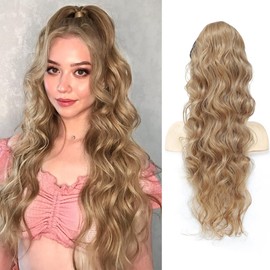 AFNOTE Ponytail Extension,24 Inch Long Curly Wavy Drawstring Ponytail Hair Extensions Synthetic Clip in Pony Tails Hairpiece for Women Girl(Brown)
