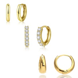 3 Pairs Gold Hoops Earrings for Women 14K Mini Gold Plated Earrings Small Huggie Cubic Zirconia Ladies Earrings Hypoallergenic Lightweight Cartilage Earrings for Girls