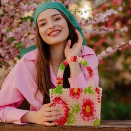 LUNIQO Womens Luxury Flower Beaded Handbag Handmade Acrylic Tote Bags for Wedding Party Fancy Purse with Top Handle, Flowers, One Size