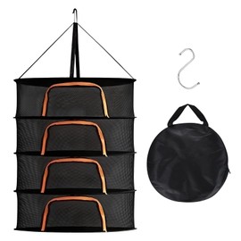 Drying Net Herbs, Herb Dryer Hanging with S-shaped Hooks, 4-Layer Hanging Drying Net with Zip, Collapsible, Mesh Drying Net for Herbs, Flowers, Fruits, Seeds, Vegetables (D24 x H39 inches)