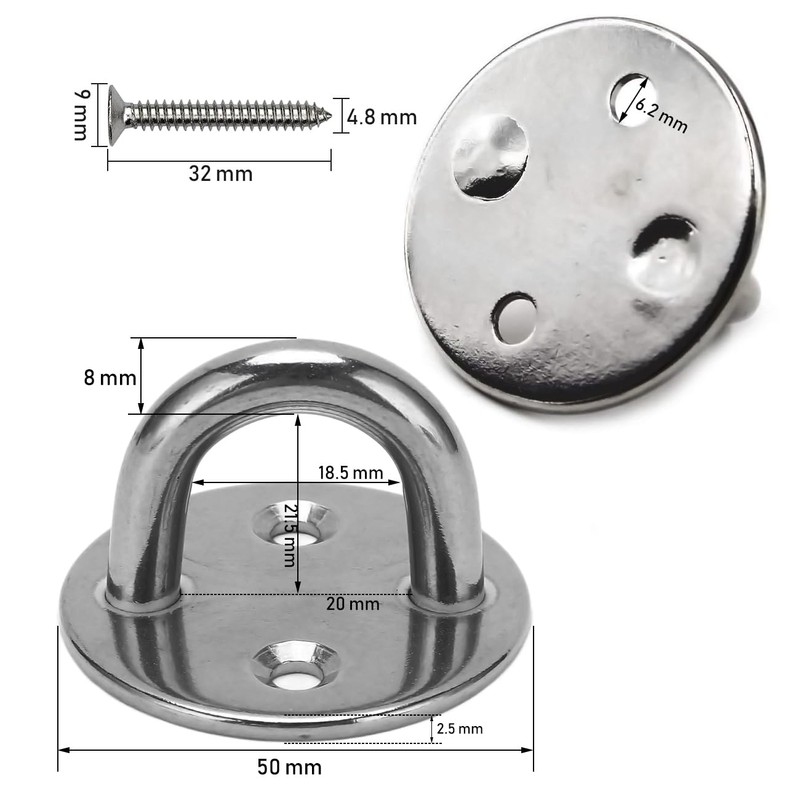 Pad Eye Plate 2 Pcs M8 Stainless Steel Ceiling Hook