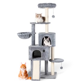 Nineshi 59in Large Cat Tree Tower for Indoor Cats with Soft Plush Hang Ball, Two Condos, Sisal Scratch Posts & Hammock for Kittens/Adult Cats, Grey