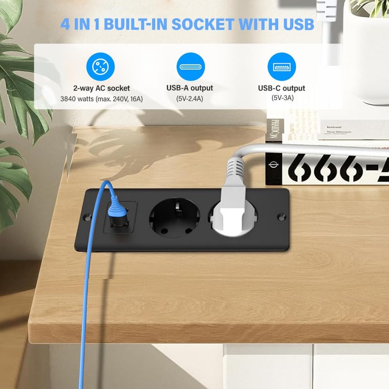 KBIBCK Einbausteckdose mit USB und Type-C, 4-in-1 Tischsteckdose, 2-Fach Einbau