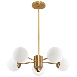 Bagood 5-Light Globe Sputnik Chandelier Mid Century Sputnik Chandeliers Modern Gold Globe Pendant Light Brushed Brass Finished with White Frosted Glass Lampshade for Dining Room Bedroom Kitchen