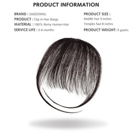 SHEDOWIG Clip in Bangs Remy Human Hair Extensions Front Fringe French Bangs with Temples Hairpiece Dark Brown