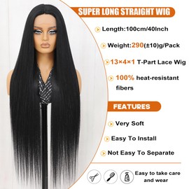 Felek Super Long Straight T Part Lace Wigs 40 Inch Long Hair 13x4x1 T Lace Front Wigs Heat Resistant Fiber Glueless Pre-Plucked Natural Hairline Lace Wig For Fashion Women/Girls(#1B