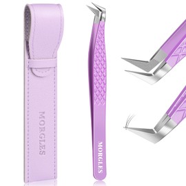 MORGLES - Pinzas para extensiones de pestañas, punta de fibra de 90 grados, para pestañas de volumen, con bolsa, color morado