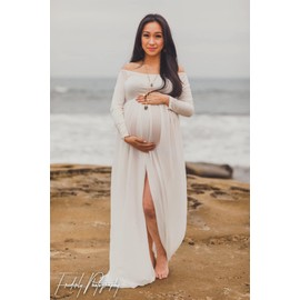 JustVH Maternity Off Shoulder Long Sleeves Chiffon Gown Front Split Maxi Photo Shoot Photography Dress for Baby Shower