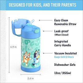 THERMOS FUNTAINER - Botella de agua con pajita, 12 onzas, color azul, botella de agua aislada al aspiradora para niños con tapa