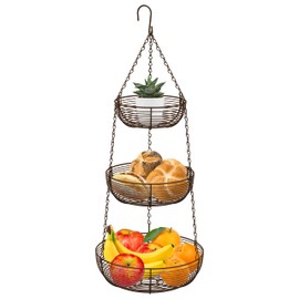 CAXXA 3-Tier Hanging Basket Fruit Organizer Kitchen Heavy Duty Wire Organizer with 2 Free Bonus Metal Ceiling Hooks(Bronze)