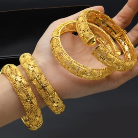 Dubai Gold Bangles for Women Indian African Wedding Bracelets Gold Plated Ethiopian Bridal Jewelry-2pcs