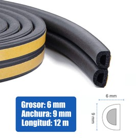 12M Juntas de Puertas y Ventanas,Cinta para Ventanas, Tiras de Sellado de Goma Tipo D, Burletes para Puertas y Ventanas, Protección contra el Frío, Aislamiento Térmico, A Prueba de Polvo (Negro)