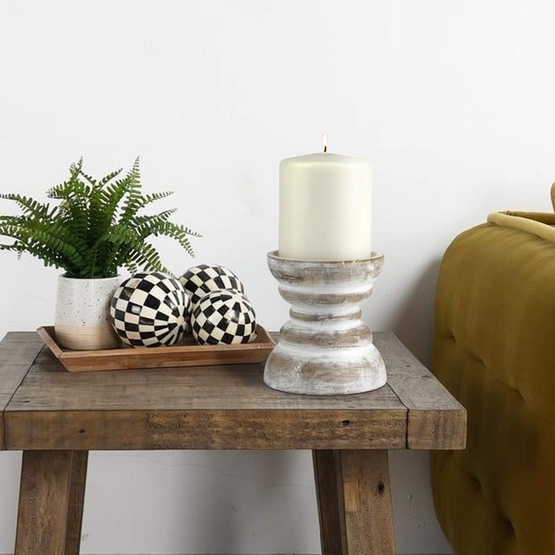Stonebriar Antique White Wooden Pillar Candle Holder, Vintage Seaside Pillar