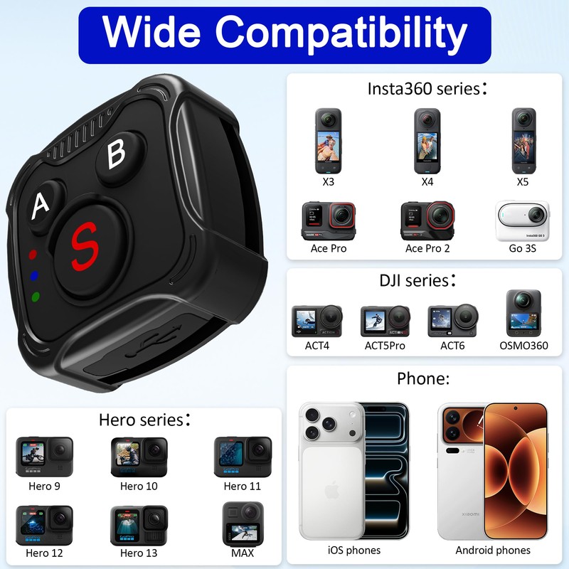 Bluetooth Remote Control for GoPro Hero 13/12/11/10/9/MAX, Insta360 X5/X4/X3/Ace Pro/Ace