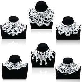 6 Pieces Lace Collar Women White Hollow Out Flower Lace Fabric Collar Clothes Trim Embroidered Applique Neckline for Women Costume Sewing Supplies DIY Wedding Dress Accessory Halloween Cosplay