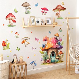 Mushroom House Wall Sticker, Watercolor Style, Cartoon, Forest, Mushroom, Sticker, Children, Room, Wallpaper, Stylish, Removable, Wallpaper, Interior, DIY, Room Decoration