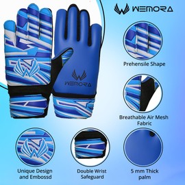 WEMORA Soccer Goalie Gloves for Kids Youth Junior Boys 4mm Anti Slip Strong Grips Palm Football Goalkeeper Gloves (Blue/White, Size 2 Suitable for 4 to 5 Year Old, Ambidextrous)