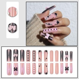 Medium Press on Nails Pink French Tip Fake Nails Square with 3D Bow Heart Star Design Glue on Nails Zebra Glossy Acrylic Full Cover Stick on Nails for Women 24 Pcs