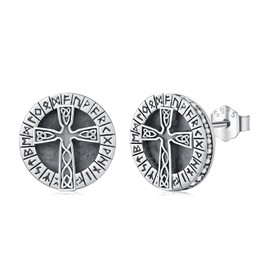Twoowl Viking Celtic Cross Earrings 925 Sterling Silver Norse Viking Runes Stud Earrings Viking Jewelry for Men Women, 0.43inch, Sterling Silver, Cubic Zirconia