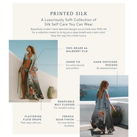 KIM+ONO 100% Mulberry Silk Kimono Robe Short - Floral Print, Lotus - Navy