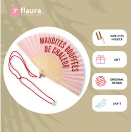 Fisura - Original handheld folding fan with message in french. wooden fan. Original holding Hand Fans. Fan with hanger included (M*dites bouffées, pink)
