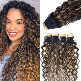 Tape in Hair Extensions Human Hair 26 Inch Water Wave Natural Black Hair Balayage Honey Blonde Highlights Real Remy Human Hair Tape ins Extensions 50g/pack 20pcs Invisible Tape in Hair Extension