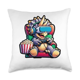 Gamer Triceratops Popcorn Gaming Chair Headphones Games Throw Pillow