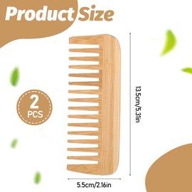 2 PCS Bamboo Wide Tooth Comb, Wooden Wide Toothed Combs Large Hair Detangling Comb No Handle Detangler Combs Prevents Tangle & Anti Static for Curly, Straight, Wavy, Long, Thick Hair for Men or Women