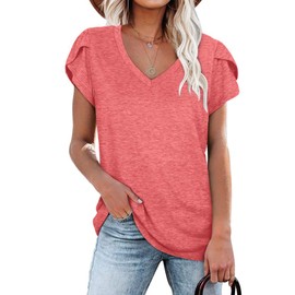 WIHOLL Easter Shirts for Women 2025 Summer Plus Size Tops Going Out Clothes Short Sleeve V Neck Coral XXL