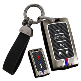 HIBEYO 6 Button Key Fob Cover Compatible with Jeep Grand Cherokee Grand Wagoneer 2021 2022 2023 2024 Accessories Alloy Carbon Fiber Texture Key Shell with Leather Keychains-6 Button Black