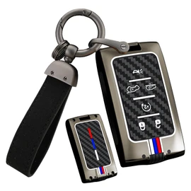 HIBEYO 6 Button Key Fob Cover Compatible with Jeep Grand Cherokee Grand Wagoneer 2021 2022 2023 2024 Accessories Alloy Carbon Fiber Texture Key Shell with Leather Keychains-6 Button Black