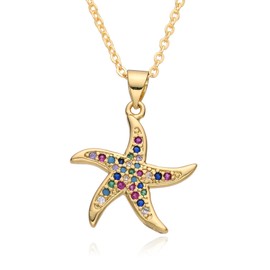 Gold Seashell Necklace for Women Colorful Rhinestone Starfish Pendant Necklac Ocean Sea Star Pearl Choker Necklace Summer Vacation Beach Jewelry Accessories, Large, Alloy Steel, No Gemstone