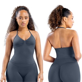 TRYTO Impact Longline Strappy Top Women Impact Longline Halter Tops Workout Longline Tank Top Compression Gym Fitness Slate Grey, Large