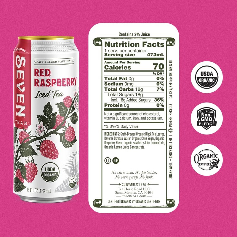 SevenTeas Red Raspberry Iced Tea, 16 OZ (Pack of 12
