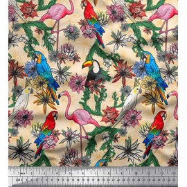 Soimoi Polyester Crepe Fabric Macaw Parrot,Flamingo & Toucan Bird Decor Fabric Printed metre 52 Inch Wide