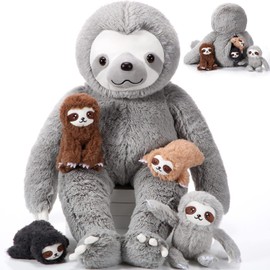 Kasyat 5 Pcs Sloth Plush Toy Set 13 Inch Mommy Sloth Stuffed Animal with 4 Cute Baby Plushies in Zippered Belly for Kids Birthday Gifts Home Decors Baby Shower Party Favors(Gray)